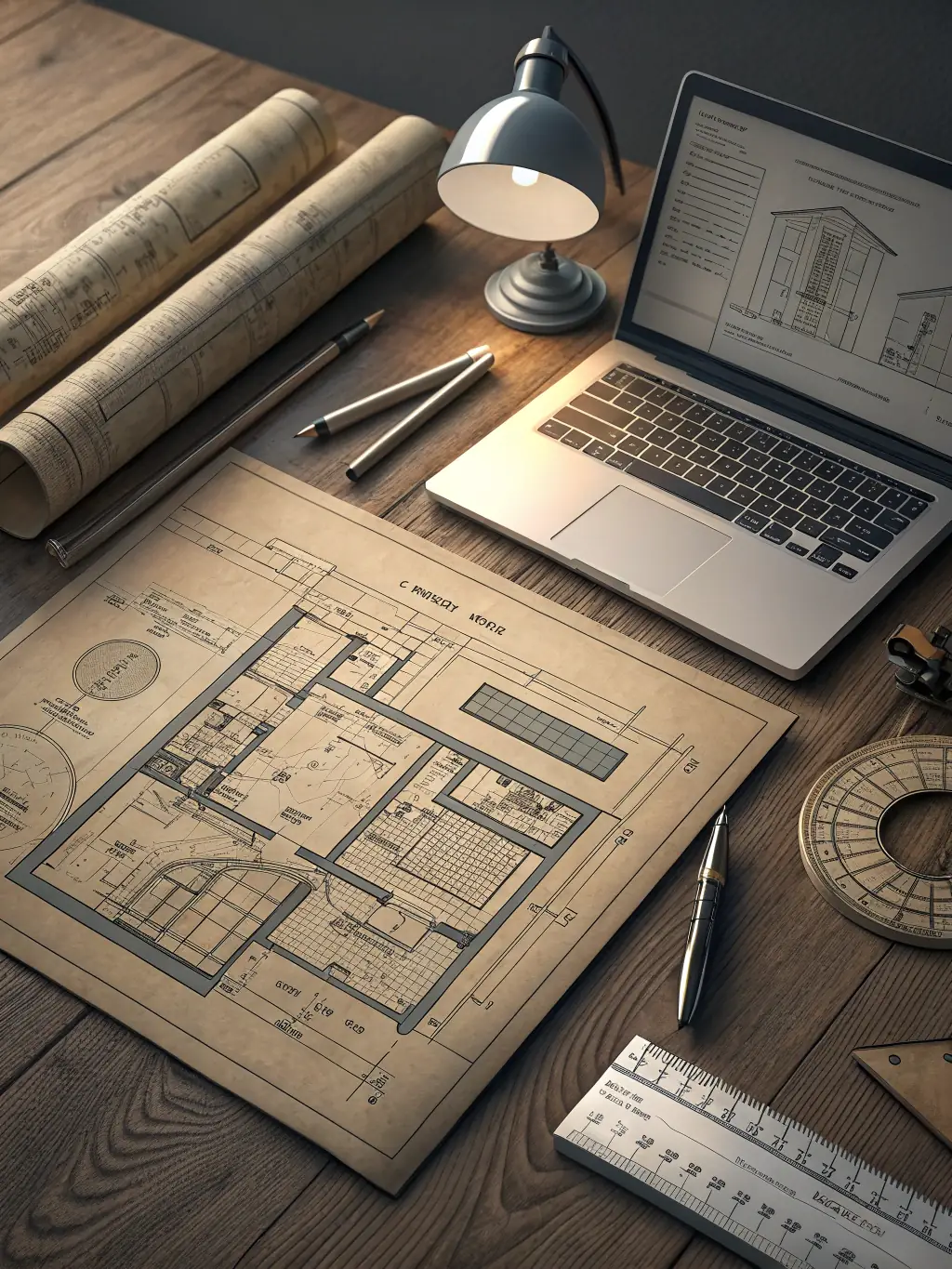 Architectural blueprints being reviewed and discussed in a modern office setting, emphasizing strategic business model development.