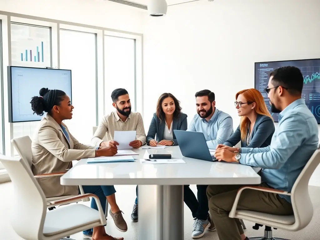 A diverse team collaborating in a modern office, brainstorming and developing innovative solutions for clients.