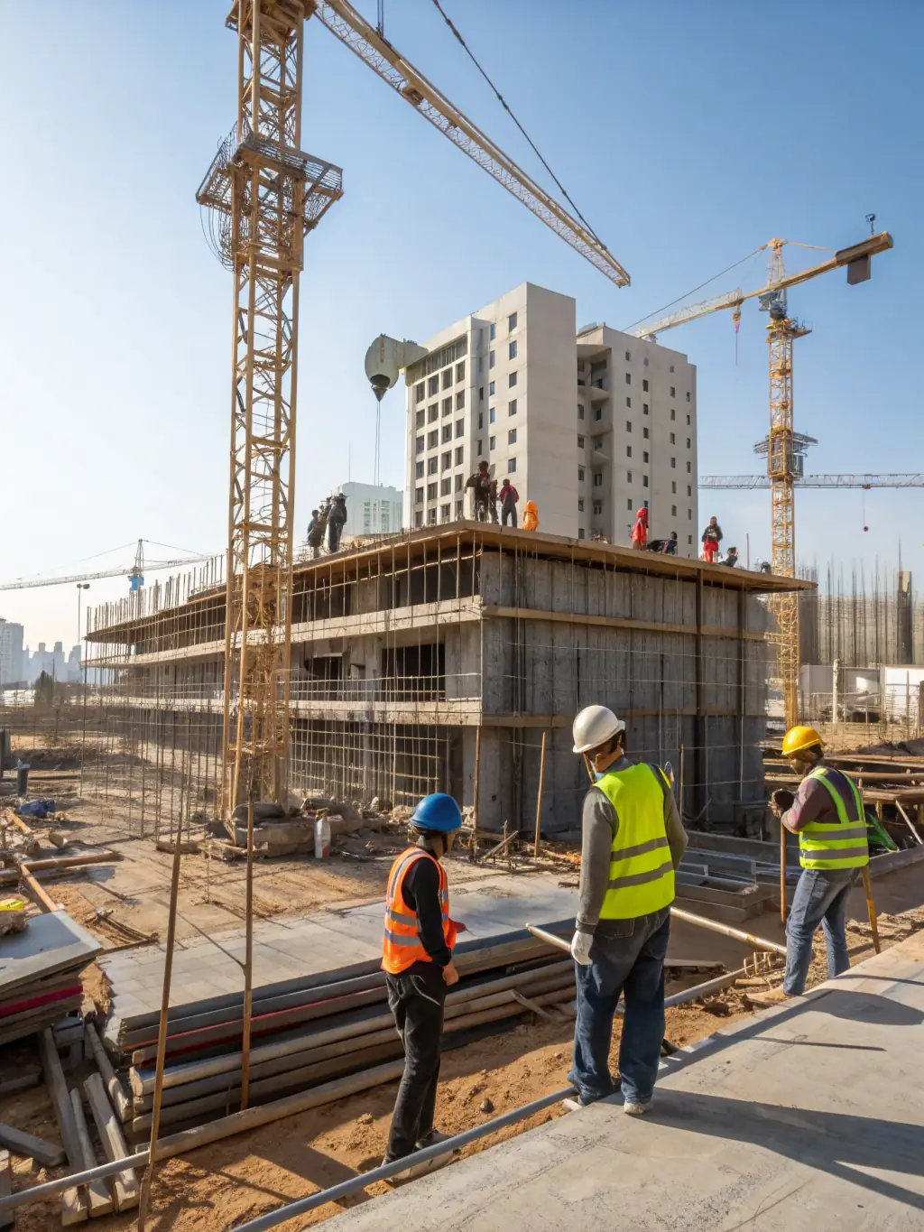 A bustling construction site with cranes and workers, representing the construction industry.