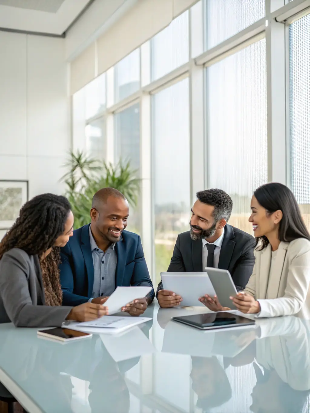 A diverse group of investment professionals collaborating in a high-tech office, symbolizing investment firms.