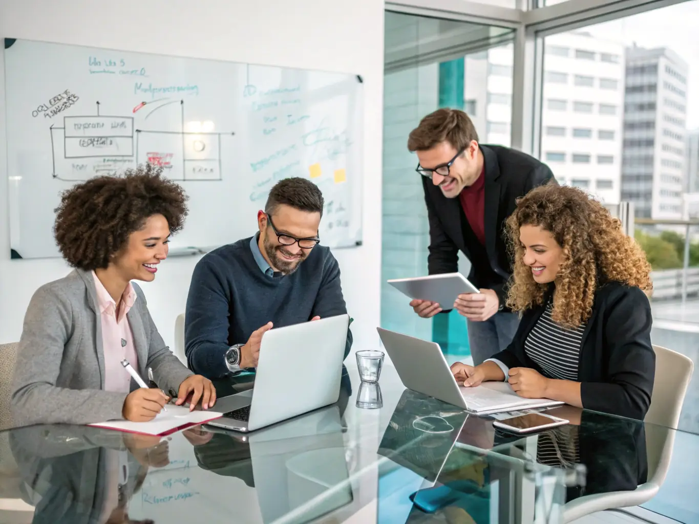 A team brainstorming and mapping out business models on a whiteboard, illustrating the collaborative and innovative approach to business model structuring.