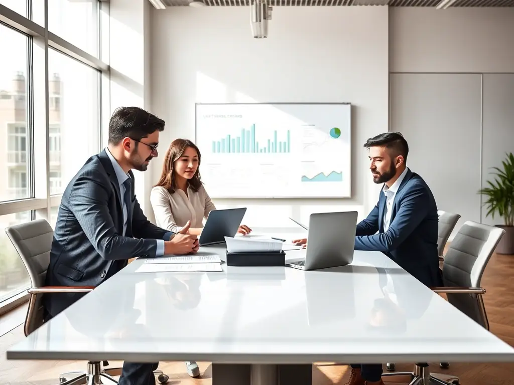 A dynamic team of consultants analyzing investment portfolios in a modern, glass-walled office, showcasing their expertise and collaborative approach.