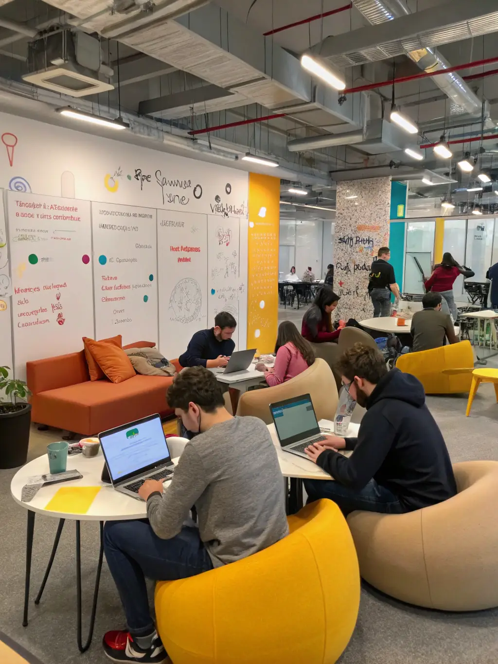 A vibrant co-working space filled with entrepreneurs and startups, representing the startup ecosystem.